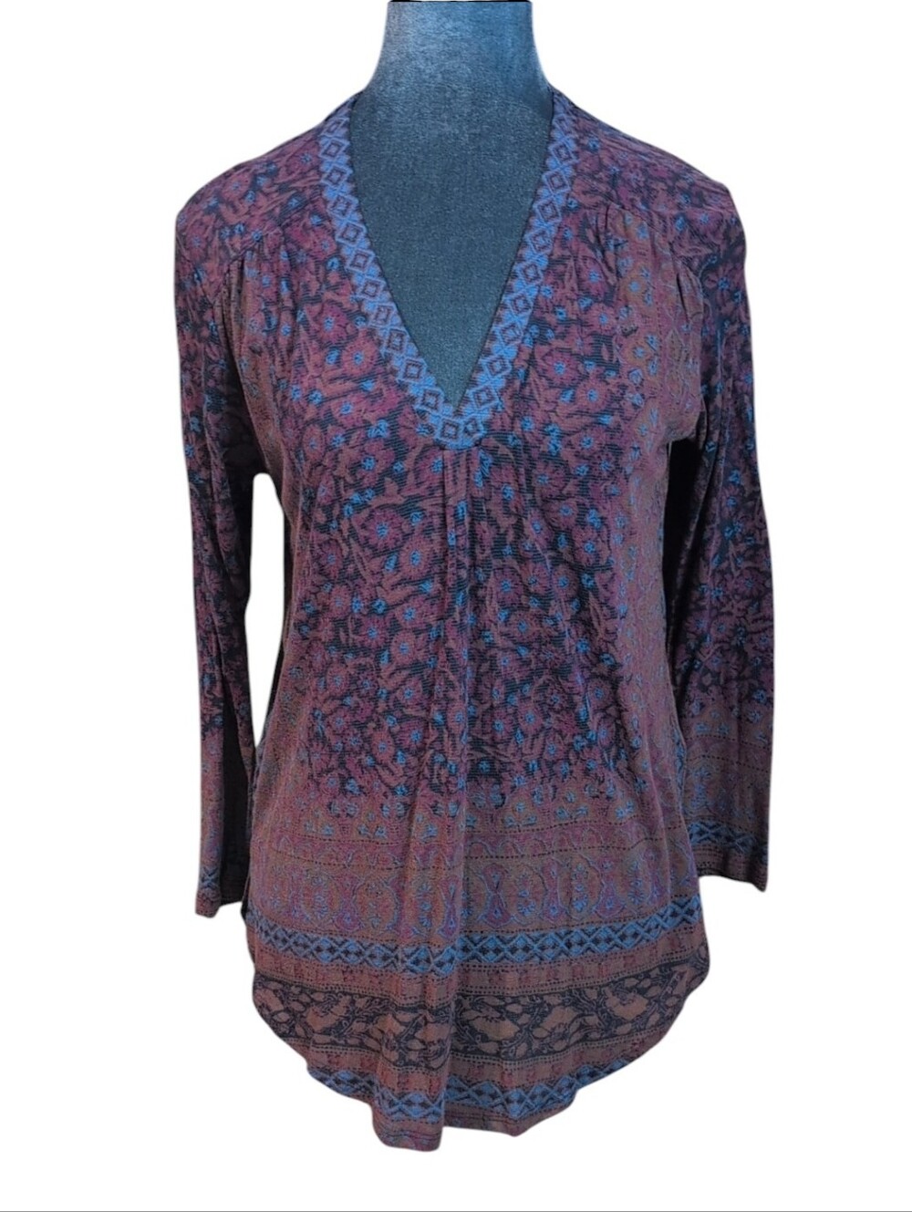 Lucky Brand Burgundy & Blue Floral Print Long Sleeve V-Neck Top Size Small